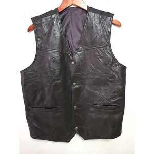 VTG UB Buffalo Leather Vest Mens L Brown Western Biker Snap Front Motorcycle